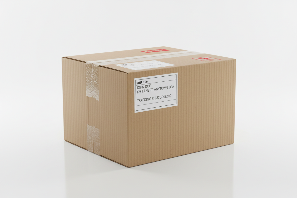 Delivered cardboard box on white surface