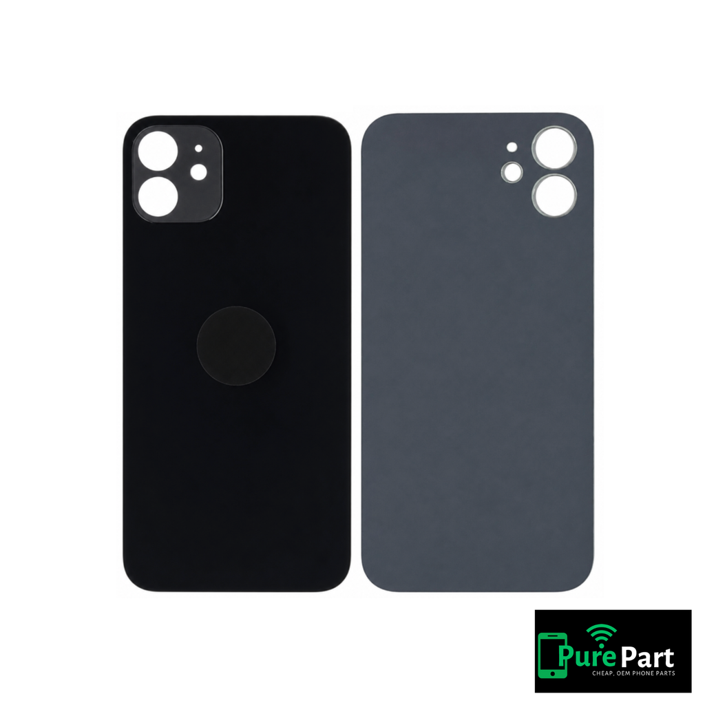 iPhone 12 Back Glass Replacement With No Adhesive | With Logo / Large Camera Hole | Black | Aftermarket