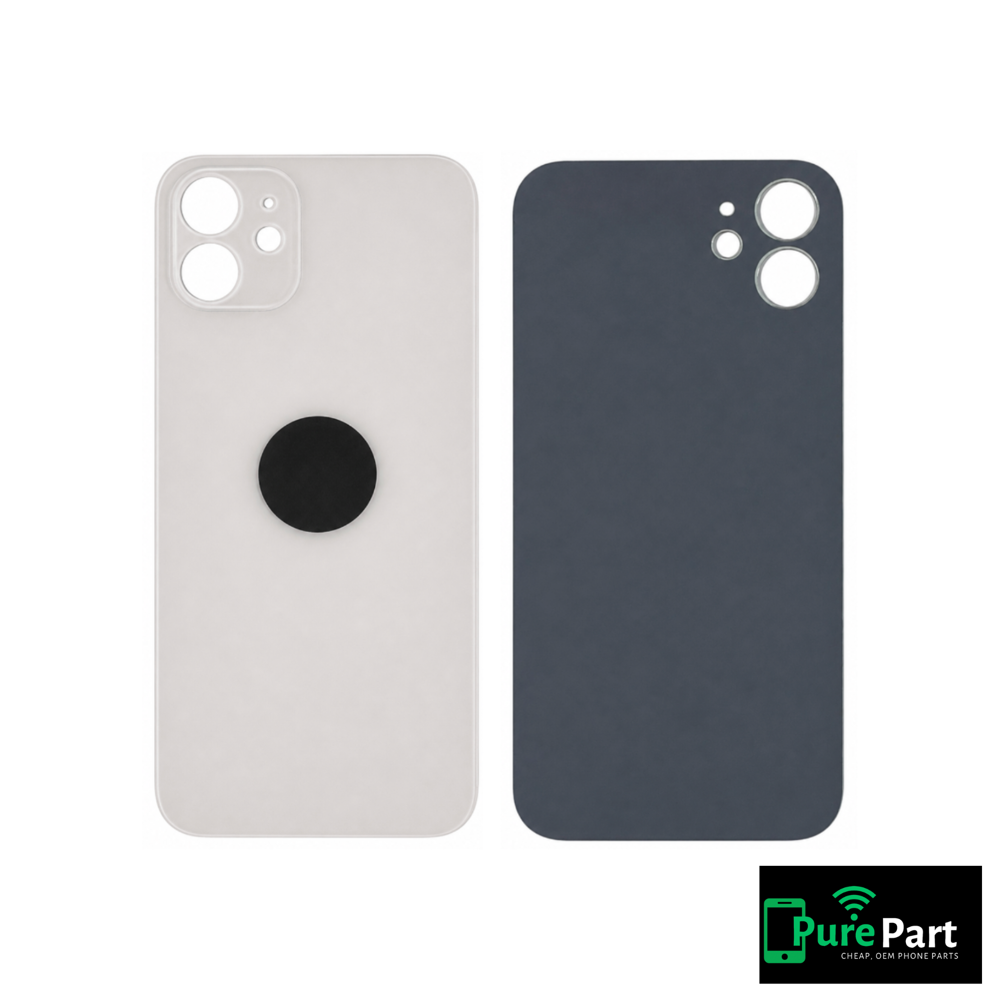 iPhone 12 Back Glass Replacement With No Adhesive | With Logo / Large Camera Hole | White | Aftermarket